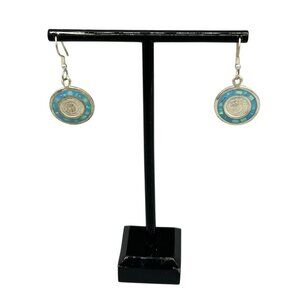 925 Sterling Silver Blue Opal Inlay Coin Dangle Earrings Boho